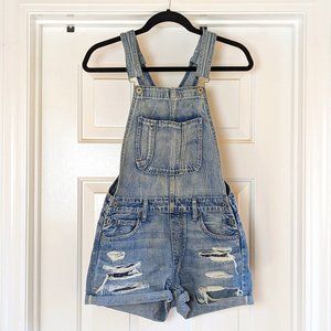 American Eagle Distressed Faded Denim Overall Shorts Tomgirl Shortall XS EUC